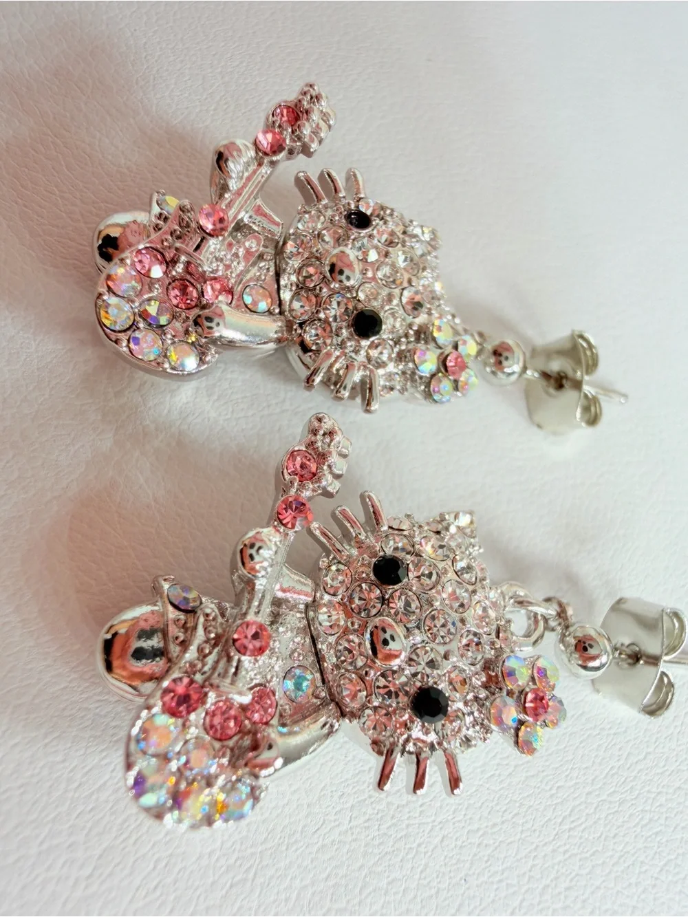 Crystal Cat Guitar Drop Earrings - Pink & Iridescent